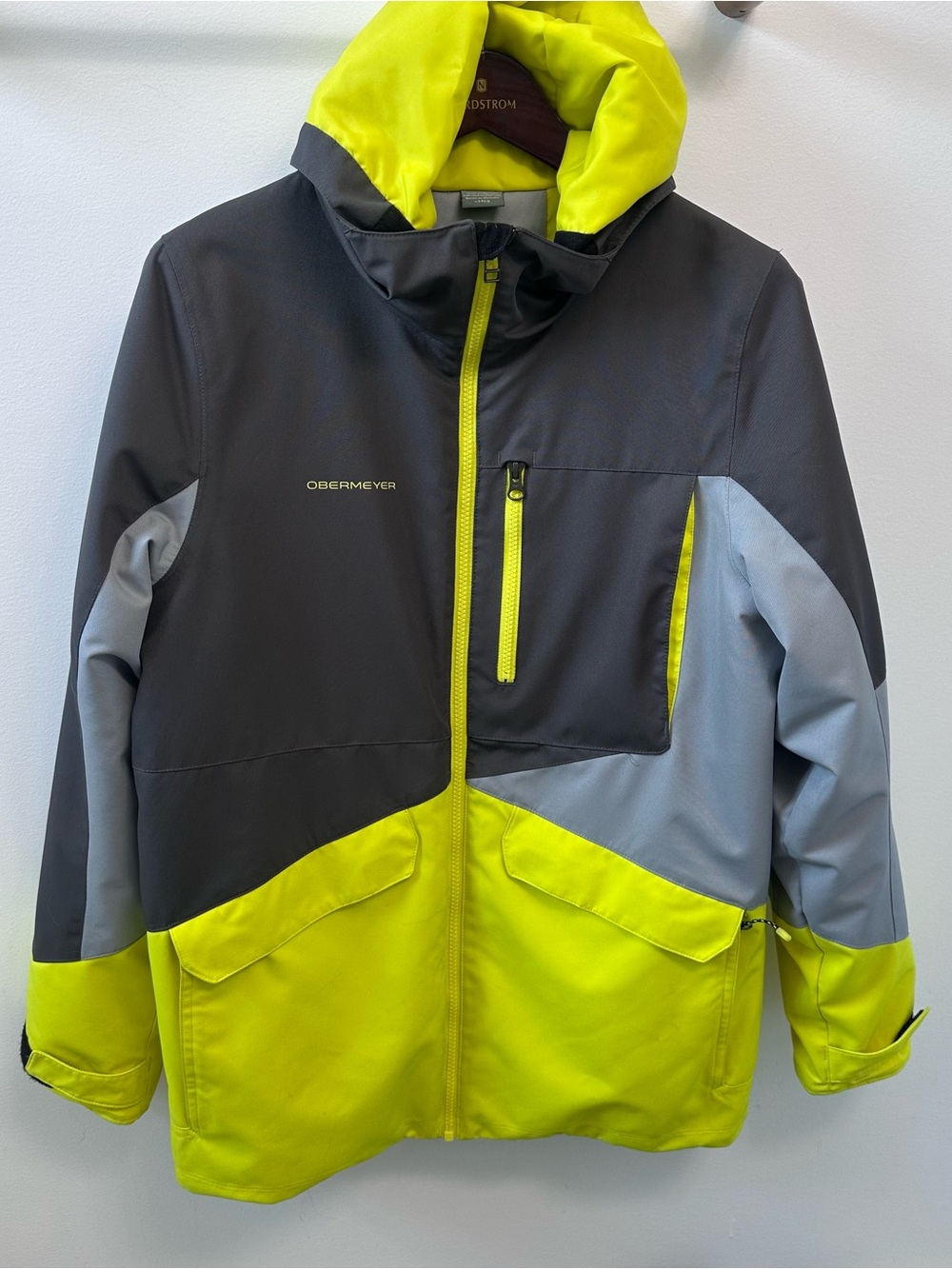 OBERMEYER Gage Insulated Winter Ski Jacket Black Grey Yellow Neon Teen XL (18)